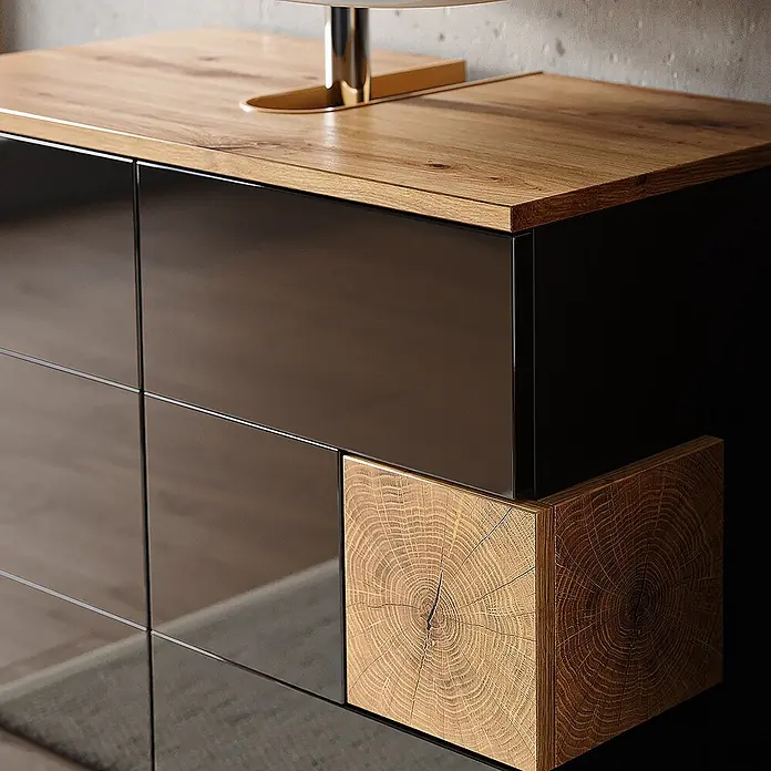 Vicco Badmöbel-Set Eden Anthrazit 2 Teile - Gesamtbreite Badmöbel: 73,1 cm, Anthrazit, Matt - Modernes Sideboard mit heller Holzplatte und dunklen Hochglanzfronten, verziert mit einem Holzblock mit Jahresringen.