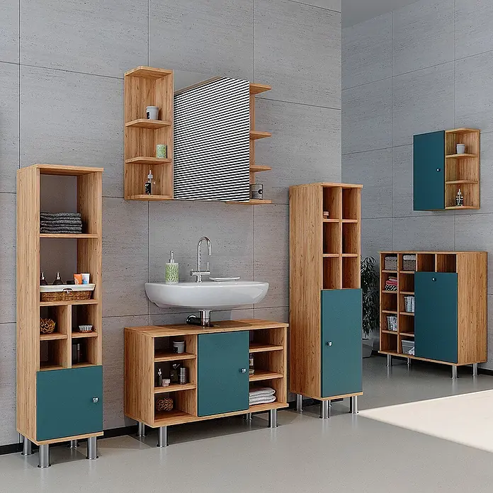 Vicco Badmöbel-Set Fynn Grün 4 Teile, mit Midischränke - Gesamtbreite Badmöbel: 140 cm, Grün, Matt - Badezimmermöbel-Set aus Holz mit türkisen Akzenten, inklusive Waschtisch, Spiegel und verschiedenen Schränken.