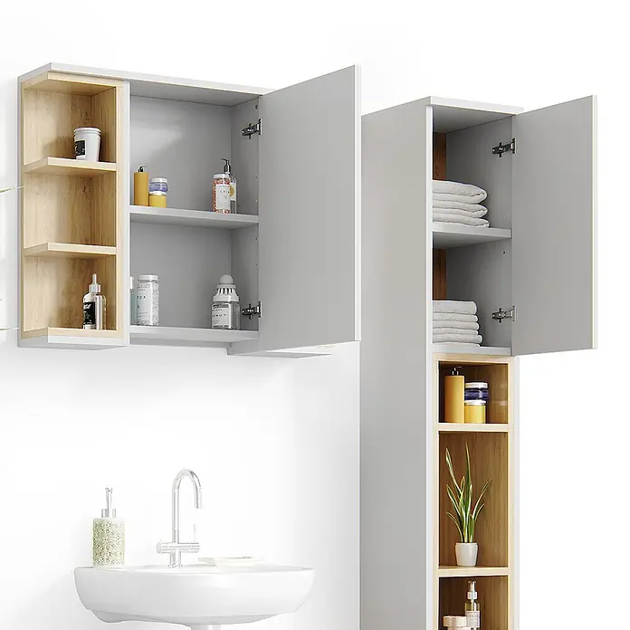 Vicco Badmöbel-Set Aquis Weiß 3 Teile, mit Hochschrank - Gesamtbreite Badmöbel: 106,9 cm, Weiß, Matt - Moderne graue Badschränke mit Holzoptik-Regalen und geschlossener Aufbewahrung, über einem Waschbecken.