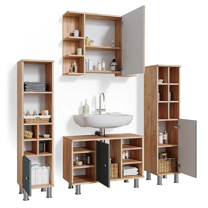 Vicco Badmöbel-Set Fynn Grün 4 Teile, mit Midischränke - Gesamtbreite Badmöbel: 140 cm, Grün, Matt - Badmöbel-Set in heller Eiche-Optik mit Waschbecken und grau/dunkelgrauen Türen, bietet viel Stauraum.
