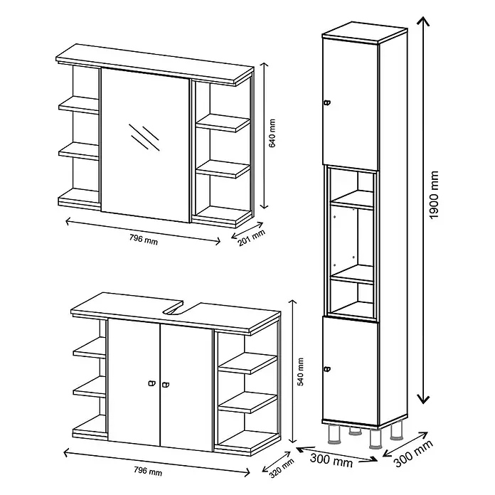 Vicco Badmöbel-Set Aquis Anthrazit 3 Teile, mit Hochschrank - Gesamtbreite Badmöbel: 106,9 cm, Anthrazit, Matt - Dreiteiliges Badezimmermöbel-Set: Spiegelschrank, Waschtischunterschrank mit Ausschnitt und Hochschrank mit Regalen.