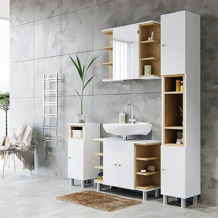 Vicco Badmöbel-Set Aquis Weiß 2 Teile - Gesamtbreite Badmöbel: 76,9 cm, Weiß, Matt - Modernes Badmöbel-Set in Weiß und hellem Holz, bestehend aus Waschtisch, Hochschrank und Spiegelschrank.