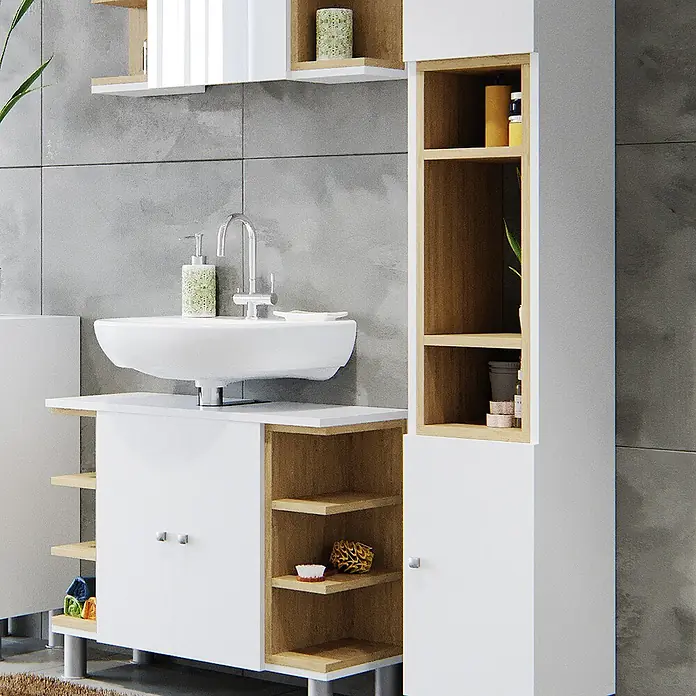 Vicco Badmöbel-Set Aquis Weiß 3 Teile, mit Hochschrank - Gesamtbreite Badmöbel: 106,9 cm, Weiß, Matt - Modernes Badezimmermöbel-Set in Weiß und hellem Holz mit Waschbecken, offenen Regalen und Stauraum.