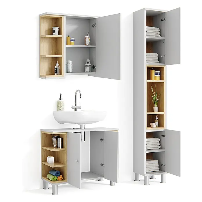 Vicco Badmöbel-Set Aquis Weiß 3 Teile, mit Hochschrank - Gesamtbreite Badmöbel: 106,9 cm, Weiß, Matt - Graues und helles Holz-Badezimmermöbel-Set mit offenen Regalen und geschlossenen Schränken.