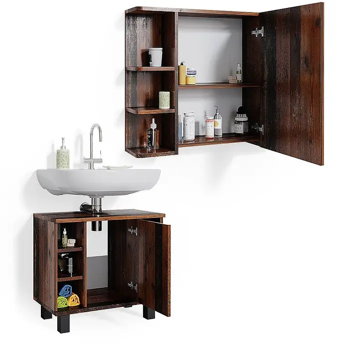 Vicco Badmöbel-Set Fynn Eiche rustikal 2 Teile - Gesamtbreite Badmöbel: 60 cm, Eiche rustikal, Matt - Dunkles Holz-Badmöbel-Set: Wandschrank mit offenen Fächern und Tür, sowie Waschbeckenunterschrank mit weißem Aufsatzwaschbecken und Tür.