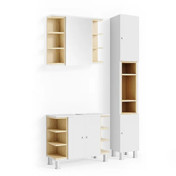 Vicco Badmöbel-Set Aquis Weiß 3 Teile, mit Hochschrank - Gesamtbreite Badmöbel: 106,9 cm, Weiß, Matt - Modulares weißes und helles Holzmöbelset mit Spiegelschrank, hohem Schrank und Unterschrank mit Regalen und Türen.