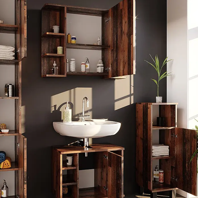 Vicco Badmöbel-Set Fynn Eiche rustikal 2 Teile - Gesamtbreite Badmöbel: 60 cm, Eiche rustikal, Matt - Badezimmermöbel-Set aus dunklem rustikalem Holz mit Spiegelschrank, Waschtisch und hohen Aufbewahrungsschränken.