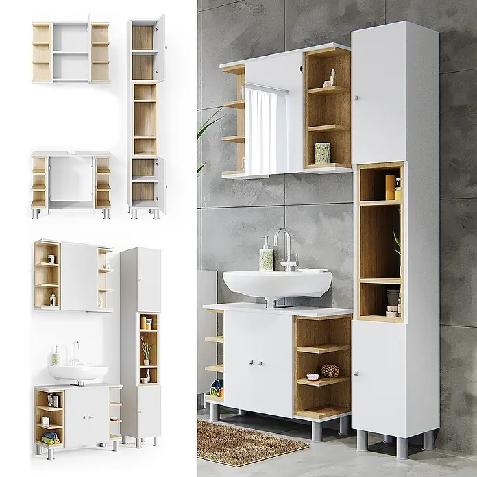 Vicco Badmöbel-Set Aquis Weiß 3 Teile, mit Hochschrank - Gesamtbreite Badmöbel: 106,9 cm, Weiß, Matt - Badmöbelset in Weiß und Holzoptik mit Spiegelschrank, Waschtischunterschrank und hohem Hochschrank.