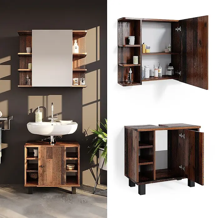 Vicco Badmöbel-Set Fynn Eiche rustikal 2 Teile - Gesamtbreite Badmöbel: 60 cm, Eiche rustikal, Matt - Rustikales Badezimmermöbel-Set aus dunklem Holz mit Spiegelschrank (Schiebespiegel, offene Regale) und Waschtischunterschrank (Regale, Tür, schwarze Beine).