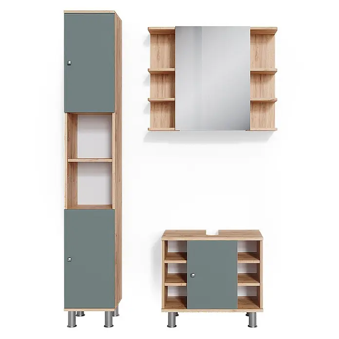 Vicco Badmöbel-Set Fynn Grün 3 Teile, mit Hochschrank - Gesamtbreite Badmöbel: 90 cm, Grün, Matt - Badezimmermöbel-Set mit heller Holzoptik und graugrünen Fronten, bestehend aus Hochschrank, Spiegelschrank und Waschtischunterschrank.