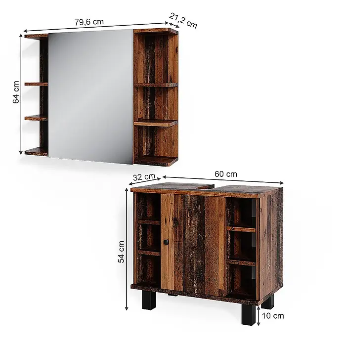 Vicco Badmöbel-Set Fynn Eiche rustikal 2 Teile - Gesamtbreite Badmöbel: 60 cm, Eiche rustikal, Matt - Rustikales dunkles Holz-Badezimmerset mit Spiegelschrank (Ablagen) und Waschtischunterschrank (Stauraum).
