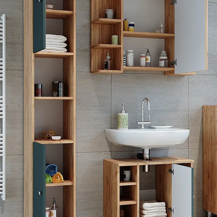 Vicco Badmöbel-Set Fynn Grün 3 Teile, mit Hochschrank - Gesamtbreite Badmöbel: 90 cm, Grün, Matt - Holzfarbene Badmöbel mit dunkelblauen Akzenten, Hochschrank, Wandschrank und Unterschrank.