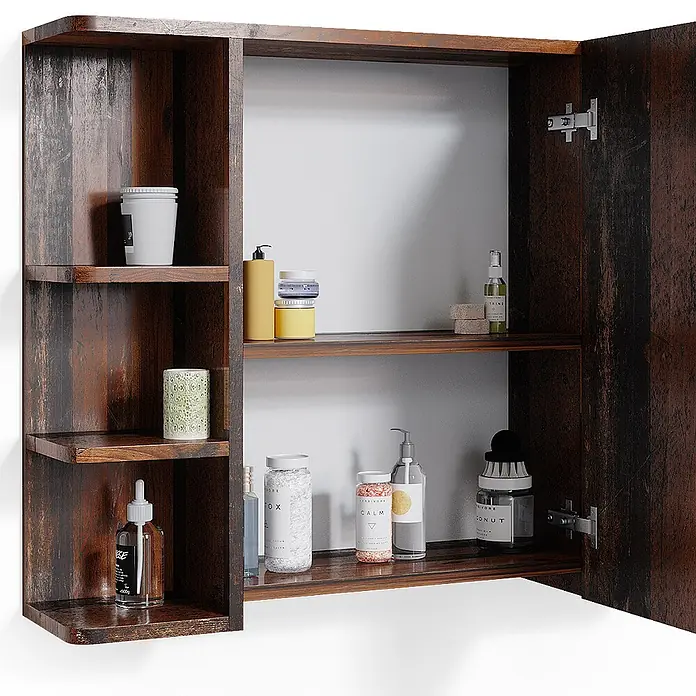 Vicco Badmöbel-Set Fynn Eiche rustikal 2 Teile - Gesamtbreite Badmöbel: 60 cm, Eiche rustikal, Matt - Offener dunkelbrauner rustikaler Wandschrank aus Holz mit Regalen und Badutensilien.