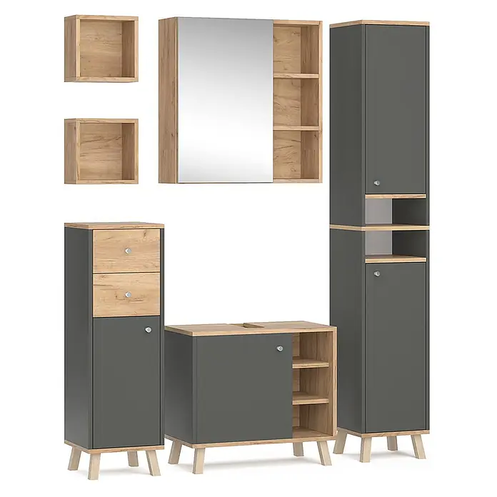 Vicco Badmöbel-Set Senyo Anthrazit 5 Teile - Gesamtbreite Badmöbel: 120 cm, Anthrazit, Matt - Modulares Badmöbelset in Dunkelgrau und heller Holzoptik, inkl. Wand- und Standschränken mit Schubladen, Türen und offenen Fächern.