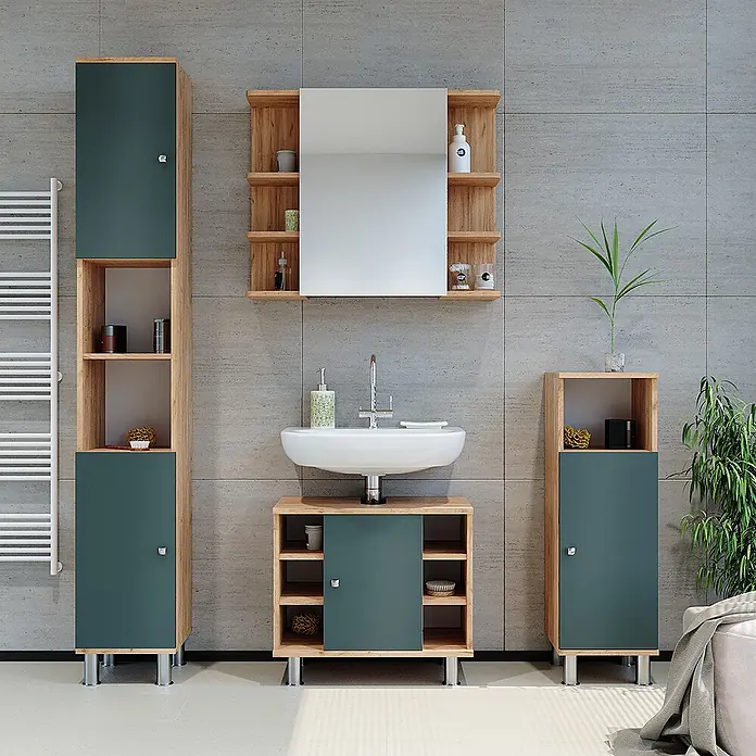 Vicco Badmöbel-Set Fynn Grün 3 Teile, mit Hochschrank - Gesamtbreite Badmöbel: 90 cm, Grün, Matt - Badezimmermöbel-Set in heller Holzoptik und Dunkelgrün, bestehend aus Waschtischunterschrank, Hochschrank und Unterschrank.