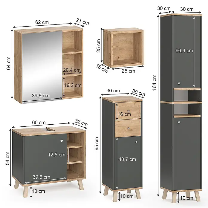 Vicco Badmöbel-Set Senyo Anthrazit 5 Teile - Gesamtbreite Badmöbel: 120 cm, Anthrazit, Matt - Modernes Badmöbel-Set in Dunkelgrau und heller Holzoptik, bestehend aus Schränken, Waschtisch und Spiegelschrank.