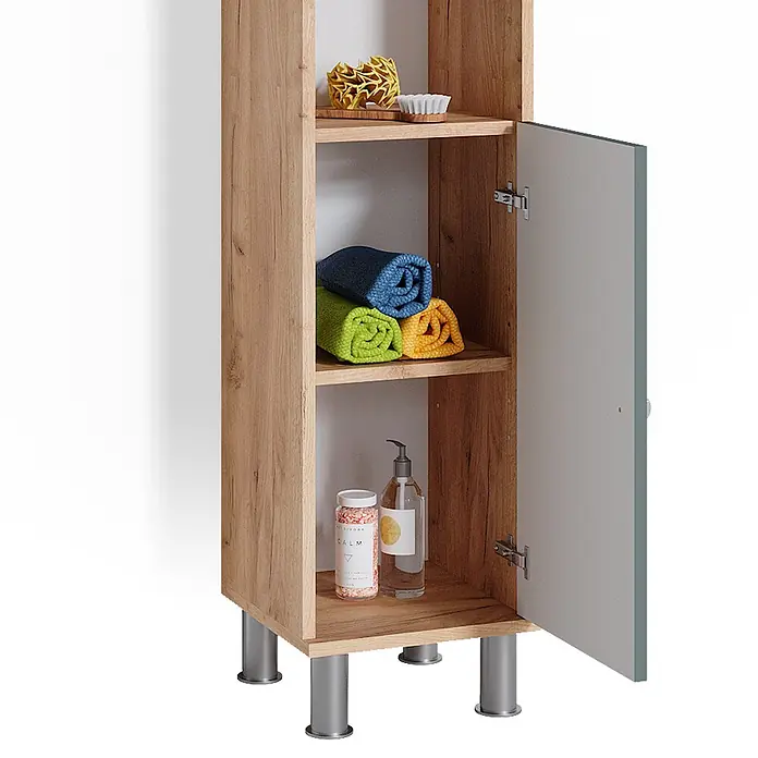 Vicco Badmöbel-Set Fynn Grün 3 Teile, mit Hochschrank - Gesamtbreite Badmöbel: 90 cm, Grün, Matt - Hoher Badezimmerschrank in heller Holzoptik mit hellgrauer Tür, silbernen Beinen und offenen Regalböden mit Handtüchern und Toilettenartikeln.