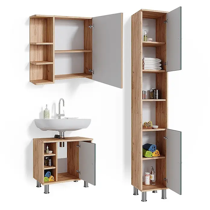 Vicco Badmöbel-Set Fynn Grün 3 Teile, mit Hochschrank - Gesamtbreite Badmöbel: 90 cm, Grün, Matt - Badezimmermöbel-Set in Eichenoptik mit grauen Türen: Wandschrank, Waschbeckenunterschrank und Hochschrank.