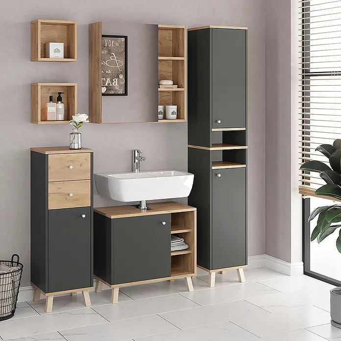 Vicco Badmöbel-Set Senyo Anthrazit 5 Teile - Gesamtbreite Badmöbel: 120 cm, Anthrazit, Matt - Modernes Badmöbel-Set in Dunkelgrau und hellem Holz mit Waschbecken, Wandregalen und Hochschränken.