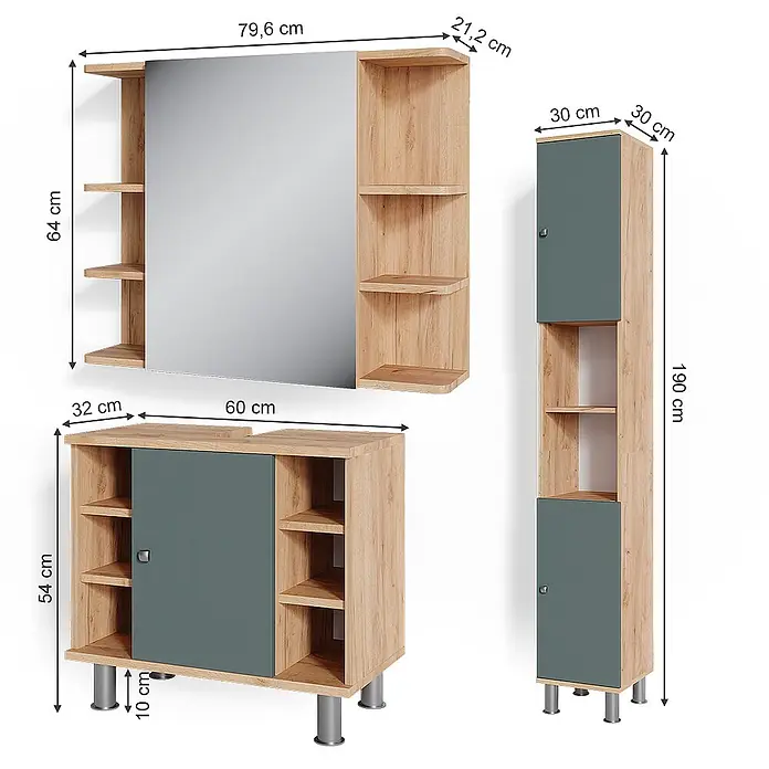 Vicco Badmöbel-Set Fynn Grün 3 Teile, mit Hochschrank - Gesamtbreite Badmöbel: 90 cm, Grün, Matt - Badezimmermöbel-Set: Spiegelschrank, Waschtisch und Hochschrank in Eichenholzoptik mit dunkelgrünen Akzenten.