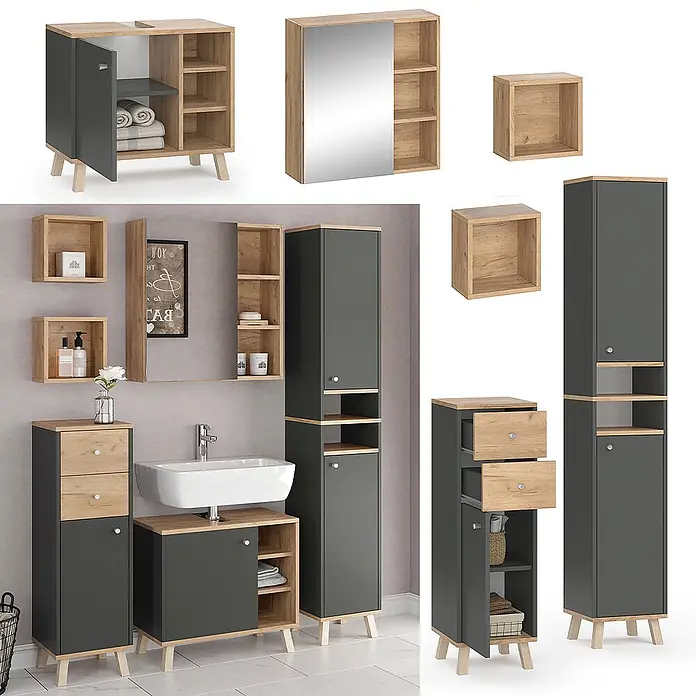 Vicco Badmöbel-Set Senyo Anthrazit 5 Teile - Gesamtbreite Badmöbel: 120 cm, Anthrazit, Matt - Modernes Badmöbelset in Dunkelgrau-Holzoptik: Waschtischunterschrank, Hochschränke, Wandregale für Stauraum.