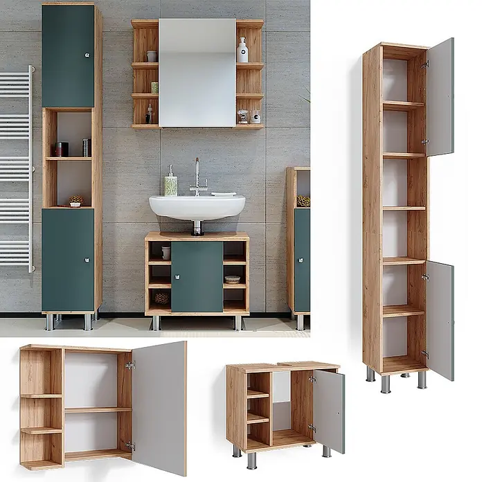 Vicco Badmöbel-Set Fynn Grün 3 Teile, mit Hochschrank - Gesamtbreite Badmöbel: 90 cm, Grün, Matt - Modernes Badezimmermöbel-Set in heller Holzoptik mit dunkelgrün/grauen Türen, bestehend aus Hochschrank, Waschtischunterschrank und Spiegelschrank.