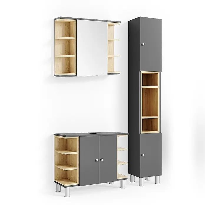 Vicco Badmöbel-Set Aquis Anthrazit 3 Teile, mit Hochschrank - Gesamtbreite Badmöbel: 106,9 cm, Anthrazit, Matt - Modernes Badmöbelset in Grau und Naturholz, bestehend aus Spiegelschrank, Unterschrank und Hochschrank mit offenen Regalen.