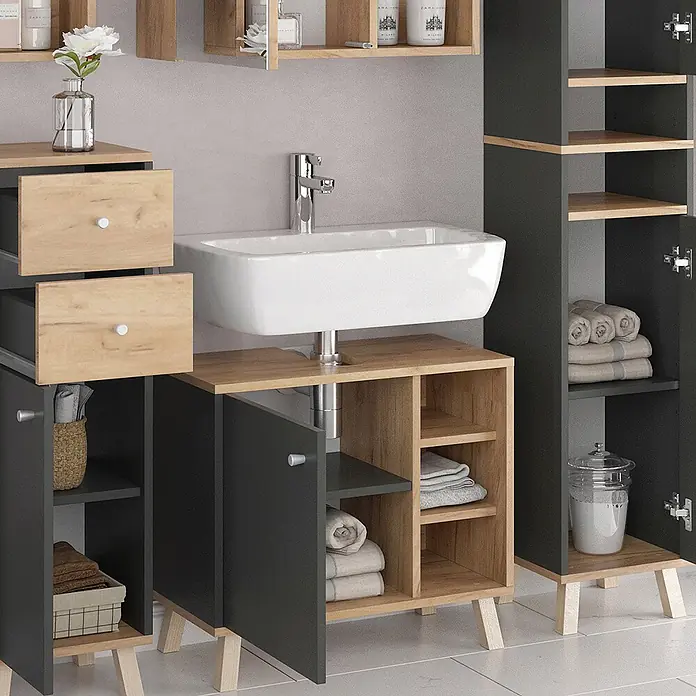 Vicco Badmöbel-Set Senyo Anthrazit 5 Teile - Gesamtbreite Badmöbel: 120 cm, Anthrazit, Matt - Badmöbel-Set in Dunkelgrau und heller Holzoptik mit Waschbecken, Schubladen, offenen Fächern und Hochschrank.