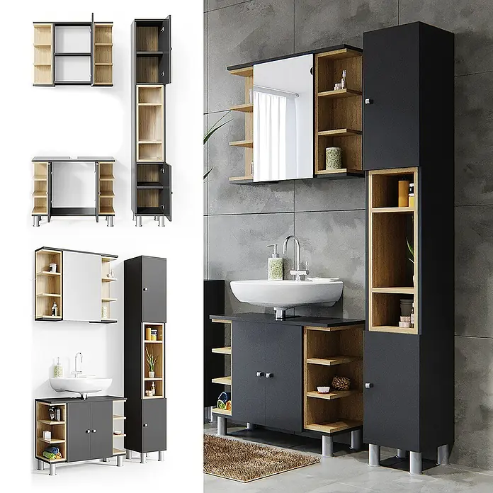 Vicco Badmöbel-Set Aquis Anthrazit 3 Teile, mit Hochschrank - Gesamtbreite Badmöbel: 106,9 cm, Anthrazit, Matt - Modernes Badmöbelset in Dunkelgrau und Holz, bestehend aus Waschtischunterschrank, Spiegelschrank und Hochschrank.