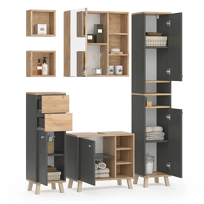 Vicco Badmöbel-Set Senyo Anthrazit 5 Teile - Gesamtbreite Badmöbel: 120 cm, Anthrazit, Matt - Badezimmermöbel-Set in Dunkelgrau und heller Eiche, bestehend aus Hochschränken, einem Unterschrank und Wandregalen.