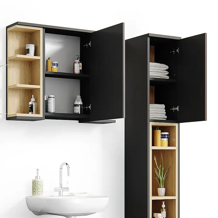 Vicco Badmöbel-Set Aquis Anthrazit 3 Teile, mit Hochschrank - Gesamtbreite Badmöbel: 106,9 cm, Anthrazit, Matt - Schwarze und hellbraune Badezimmerschränke mit offenen Regalen und geschlossenen Fächern für Toilettenartikel und Handtücher.