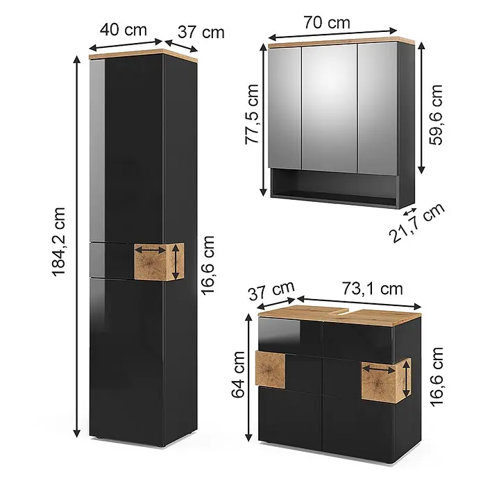 Vicco Badmöbel-Set Eden Anthrazit 3 Teile, mit Hochschrank - Gesamtbreite Badmöbel: 113,1 cm, Anthrazit, Matt - Set schwarzer Badmöbel mit Holzplatten und Akzenten, bestehend aus Hochschrank, Spiegelschrank und Waschtischunterschrank.