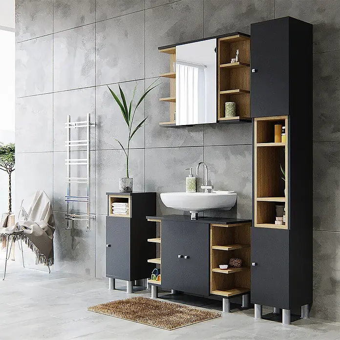 Vicco Badmöbel-Set Aquis Anthrazit 3 Teile, mit Hochschrank - Gesamtbreite Badmöbel: 106,9 cm, Anthrazit, Matt - Modernes dunkelgraues Badmöbelset mit hellen Holzdetails, bestehend aus Spiegelschrank, Waschtisch und Stauraumschränken.