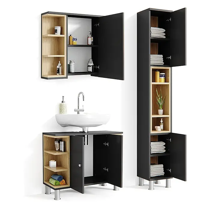 Vicco Badmöbel-Set Aquis Anthrazit 3 Teile, mit Hochschrank - Gesamtbreite Badmöbel: 106,9 cm, Anthrazit, Matt - Schwarzes und helles Holz-Badezimmermöbel-Set mit Waschtisch, Wandschrank und Hochschrank.