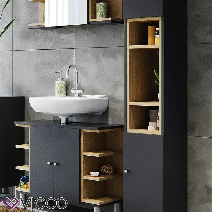 Vicco Badmöbel-Set Aquis Anthrazit 3 Teile, mit Hochschrank - Gesamtbreite Badmöbel: 106,9 cm, Anthrazit, Matt - Moderne dunkelgraue Badmöbelgarnitur mit integriertem Waschbecken und offener Holzoptik-Regalen.