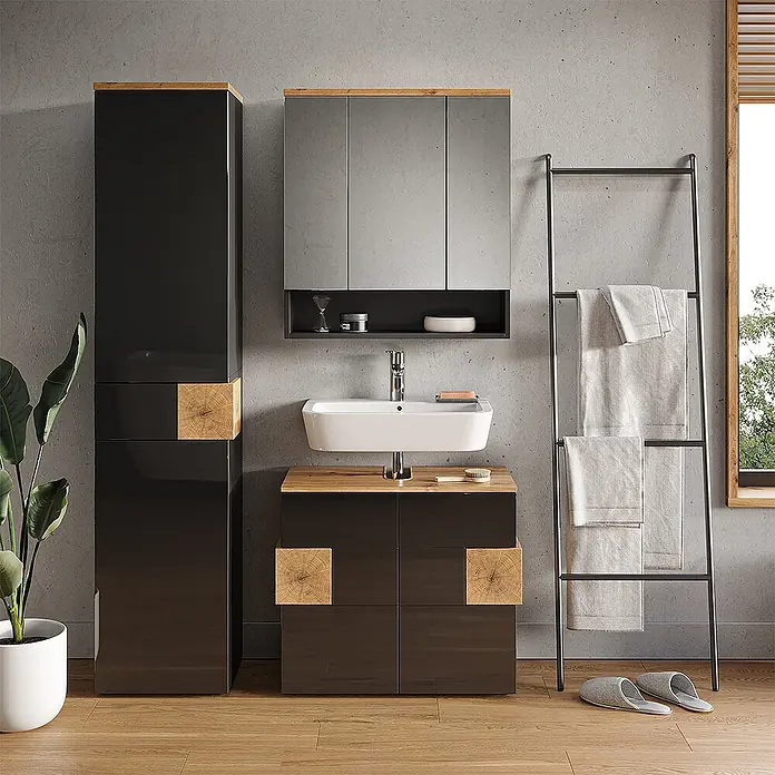 Vicco Badmöbel-Set Eden Anthrazit 3 Teile, mit Hochschrank - Gesamtbreite Badmöbel: 113,1 cm, Anthrazit, Matt - Modernes Badmöbel-Set aus dunklem Holz mit Naturholz-Akzenten, bestehend aus Hochschrank, Waschtischunterschrank und Spiegelschrank.