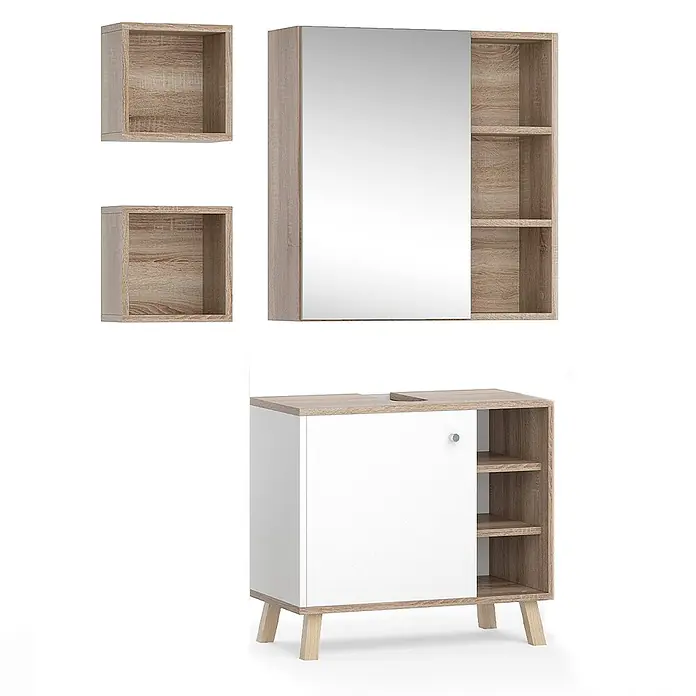 Vicco Badmöbel-Set Senyo Weiß 3 Teile - Gesamtbreite Badmöbel: 60 cm, Weiß, Matt - Modernes Badmöbelset in heller Holzoptik und Weiß, bestehend aus Spiegelschrank, zwei Wandregalen und Waschtischunterschrank.