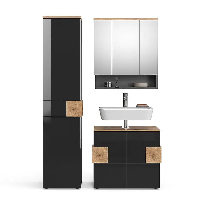 Vicco Badmöbel-Set Eden Anthrazit 3 Teile, mit Hochschrank - Gesamtbreite Badmöbel: 113,1 cm, Anthrazit, Matt - Schwarzes Hochglanz-Badezimmermöbel-Set mit Naturholz-Akzenten, bestehend aus Hochschrank, Spiegelschrank und Waschtischunterschrank mit weißem Keramikwaschbecken.