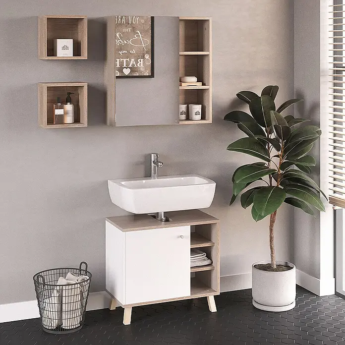 Vicco Badmöbel-Set Senyo Weiß 3 Teile - Gesamtbreite Badmöbel: 60 cm, Weiß, Matt - Modernes Badmöbel-Set mit weißem Waschbecken, hellholzfarbenem Unterschrank, Spiegelschrank und Wandregalen.