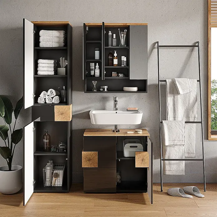 Vicco Badmöbel-Set Eden Anthrazit 3 Teile, mit Hochschrank - Gesamtbreite Badmöbel: 113,1 cm, Anthrazit, Matt - Moderne dunkelgraue und hölzerne Badmöbel mit hohem Schrank, Waschtisch mit Waschbecken und Spiegelschrank, bieten viel Stauraum.