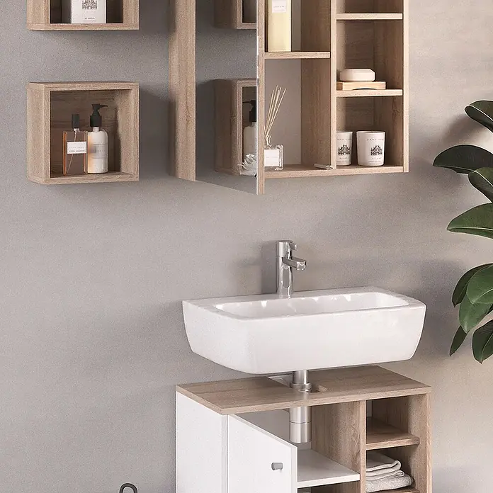 Vicco Badmöbel-Set Senyo Weiß 3 Teile - Gesamtbreite Badmöbel: 60 cm, Weiß, Matt - Badezimmermöbel-Set in hellem Holz und Weiß mit Waschbecken, Ablagefächern und Spiegelschrank.