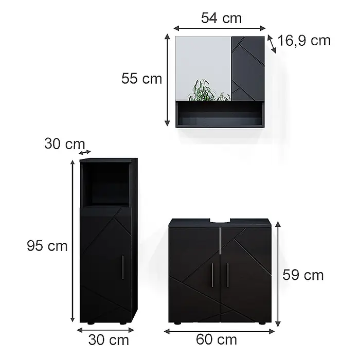 Vicco Badmöbel-Set Irma Anthrazit Hochglanz 3 Teile - Gesamtbreite Badmöbel: 90 cm, Anthrazit Hochglanz, Glänzend - Schwarzes Badezimmermöbel-Set: Spiegelschrank, Hochschrank und Waschbeckenunterschrank, alle mit geometrischem Muster.