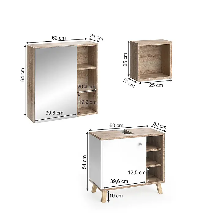 Vicco Badmöbel-Set Senyo Weiß 3 Teile - Gesamtbreite Badmöbel: 60 cm, Weiß, Matt - Set aus drei Badmöbeln: Spiegelschrank, offenes Regal und Waschbeckenunterschrank in heller Holzoptik und Weiß.