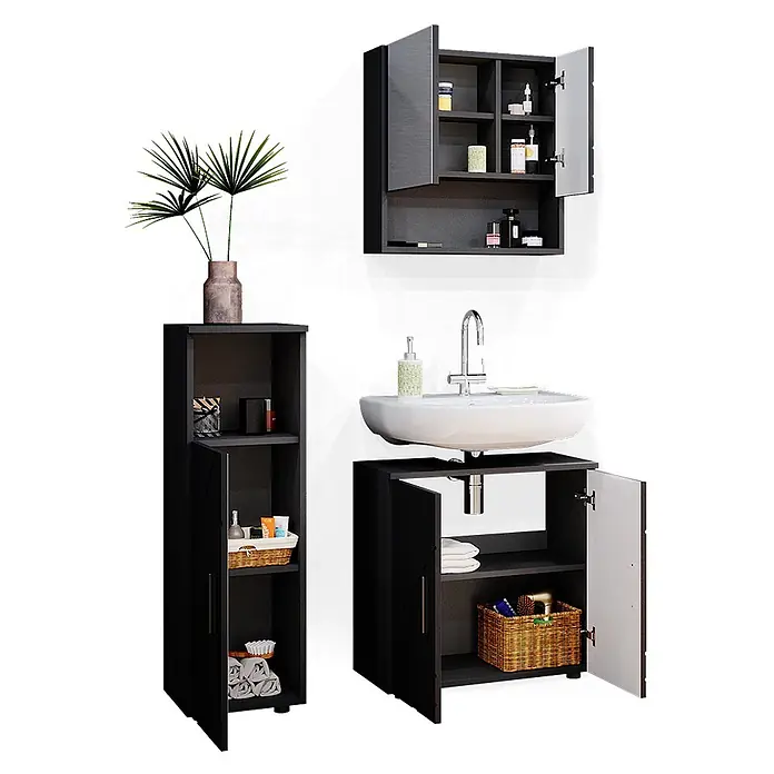 Vicco Badmöbel-Set Irma Anthrazit Hochglanz 3 Teile - Gesamtbreite Badmöbel: 90 cm, Anthrazit Hochglanz, Glänzend - Schwarzes Badmöbel-Set mit Wandschrank, hohem Regal und Waschtischunterschrank. Alle Schränke bieten offene Fächer und Türen für vielseitigen Stauraum.