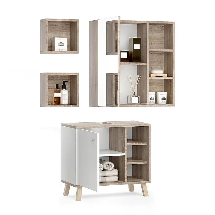Vicco Badmöbel-Set Senyo Weiß 3 Teile - Gesamtbreite Badmöbel: 60 cm, Weiß, Matt - Badezimmermöbel-Set aus hellem Holzdekor und weißen Elementen, mit Wandregalen, Spiegelschrank und Bodenschrank zur Aufbewahrung.