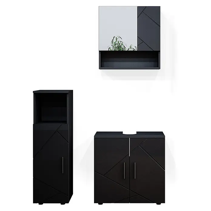 Vicco Badmöbel-Set Irma Anthrazit Hochglanz 3 Teile - Gesamtbreite Badmöbel: 90 cm, Anthrazit Hochglanz, Glänzend - Dunkelgraues/schwarzes Badmöbelset mit geometrischem Muster: Spiegelschrank mit Regal, Hochschrank und Waschbeckenunterschrank.