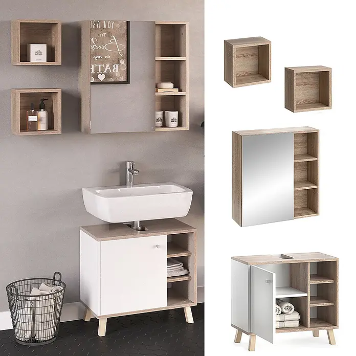 Vicco Badmöbel-Set Senyo Weiß 3 Teile - Gesamtbreite Badmöbel: 60 cm, Weiß, Matt - Helles Holz und weißes Badezimmerset mit Waschtischunterschrank, Waschbecken, Spiegelschrank und zwei Wandregalen.