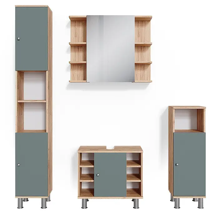 Vicco Badmöbel-Set Fynn Grün 4 Teile - Gesamtbreite Badmöbel: 120 cm, Grün, Matt - Modernes Badmöbelset mit Holzoptikrahmen, mattgrünen Türen, Hochschränken, Waschtischunterschrank und Spiegelschrank.