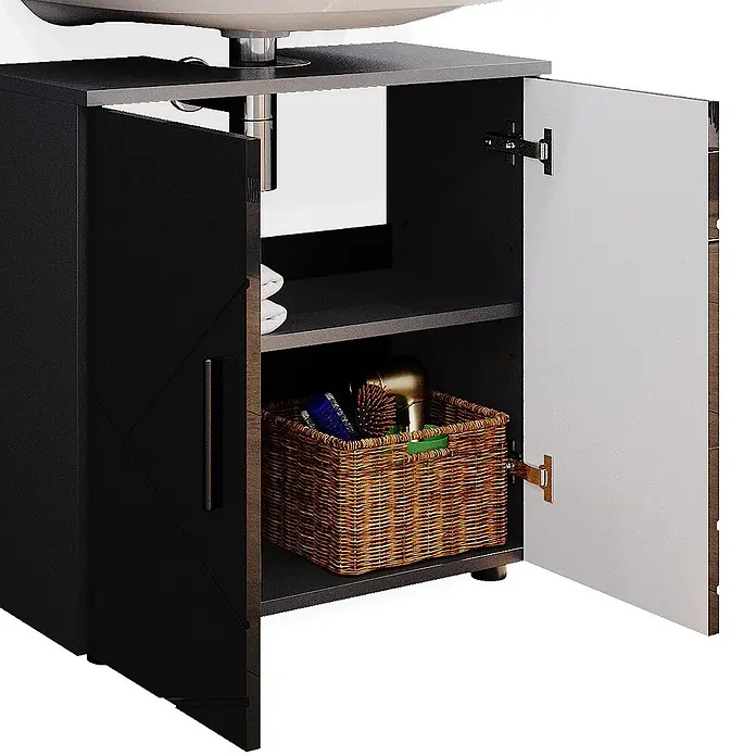 Vicco Badmöbel-Set Irma Anthrazit Hochglanz 3 Teile - Gesamtbreite Badmöbel: 90 cm, Anthrazit Hochglanz, Glänzend - Schwarzer Unterschrank mit offenen Türen, Innenregalen. Eine Tür ist schwarz, eine weiß, enthüllt Korb, Haartrockner und Handtücher.