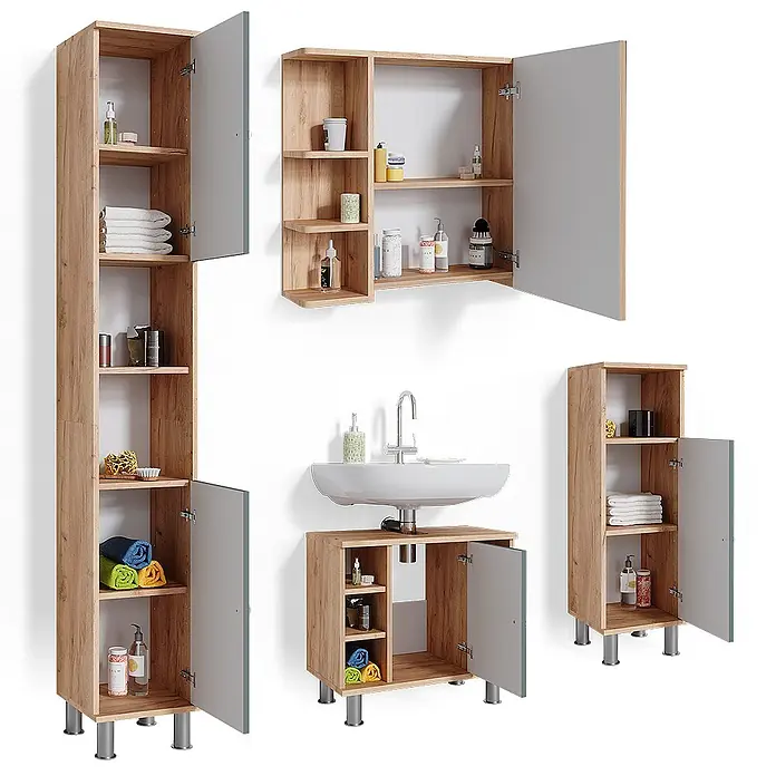 Vicco Badmöbel-Set Fynn Grün 4 Teile - Gesamtbreite Badmöbel: 120 cm, Grün, Matt - Set aus hellen Holz-Badezimmerschränken mit hellgrauen Türen, bietet vielseitigen Stauraum.